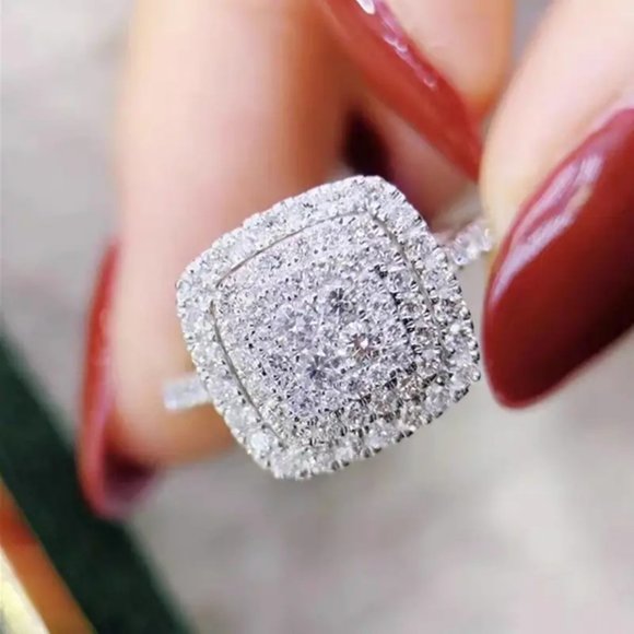 Large Square Shape Zircon Promise Ring Full Of Shiny Zircon Luxury Wedding Ring - Picture 1 of 8